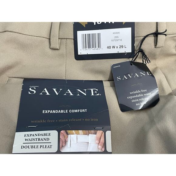 Savane Pants 40x29 Khaki Expandable Waist Cuffed Ankle No Iron Office Preppy NWT - Picture 6 of 7